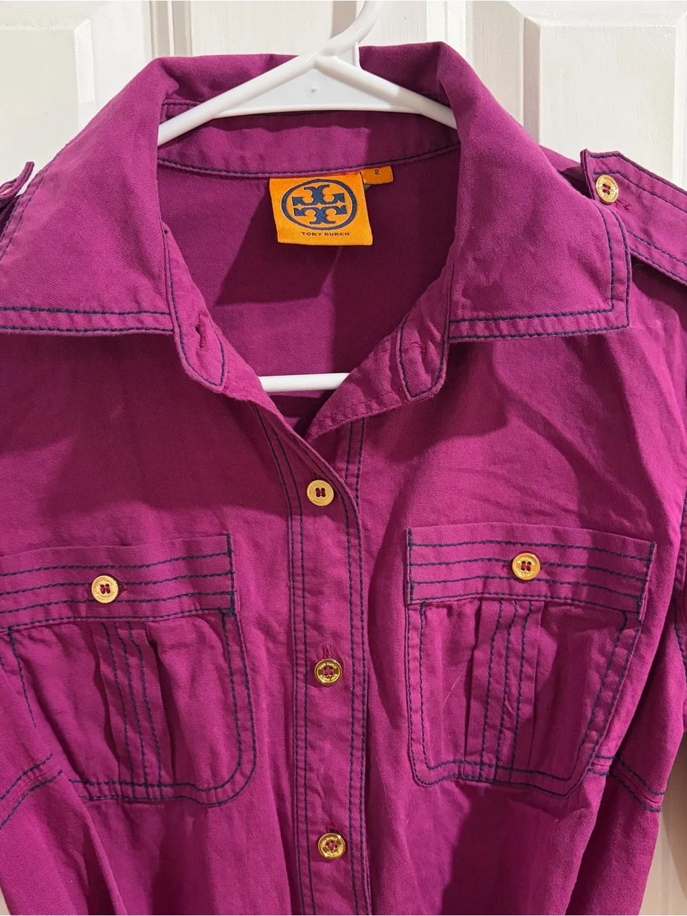 Tory Burch Deep Magenta Shirt Dress with Tie Waist
